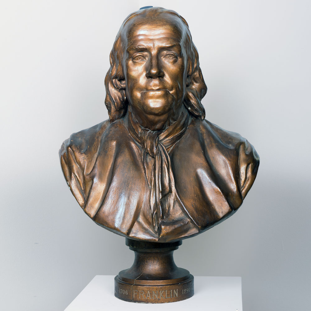 Fig. 9: Jean-Jacques Caffieri (1725–1792) Bust of Benjamin Franklin. Painted plaster. H. 28 Inches. Probably the cast originally delivered to the Royal Academy of Sciences, Paris, France in 1788 and from the original 1777 mold; then to Benjamin Franklin University in 1949; then to George Washington University, ca. 1987. The George Washington University Permanent Collection, courtesy of The Luther W. Brady Art Gallery. © 2015 The George Washington University.