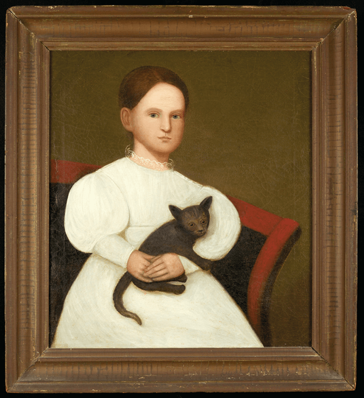 Robert Laurent was one of the earliest artist-collectors of American folk art. Karfiol has depicted Laurent’s two sons in the living room of the Laurents’ Maine home, surrounded by antique furniture and three folk paintings, one of which is Girl in White with Cat (see fig. 2). The other two are Portrait of a Young Boy Seated with His Dog on a Painted Floor by an unidentified artist, and Dover Baby, also by an unidentified artist. All three works are in the exhibition; this is the first time they have been reunited since they left the Laurent family.