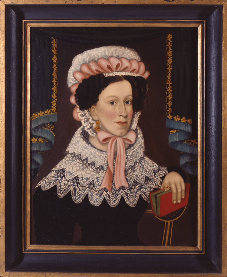 Fig. 4: Attributed to the Wilkinson Limner (active 1824-1830) Young Woman with Elaborate Lace Collar and Holding a Red Book, probably Philadelphia, ca. 1827 Oil on cradled poplar panel, 27½ x 21¼ inches Private Collection Ex collection Juliana Force