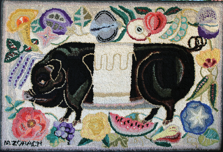 Fig. 3: Marguerite Zorach (1887–1968) Pig Hooked Rug, early 1950s Wool on linen backing, 54½ x 37 inches Private collection In creating this hooked rug, Zorach was influenced by the earlier examples she collected.