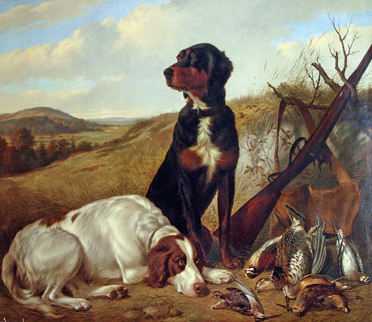 Fig. 4: Thomas Hewes Hinckley (American, 1813–1896), Setters, Shotgun, and Game, 1887. Oil on canvas, 36 x 48 inches. Signed and dated (at lower center): T. H. Hinckley / 1887. Thomas Hewes Hinckley was born in Milton, Massachusetts. In 1829, he went to Philadelphia where he became a merchant’s apprentice and, in the evenings, attended a class in drawing at the home of the artist, John Mason. In 1833, he returned to Milton where he succeeded in the painting of domestic and game animals for wealthy local gentleman farmers, as well as landscapes highlighted by prize stock.