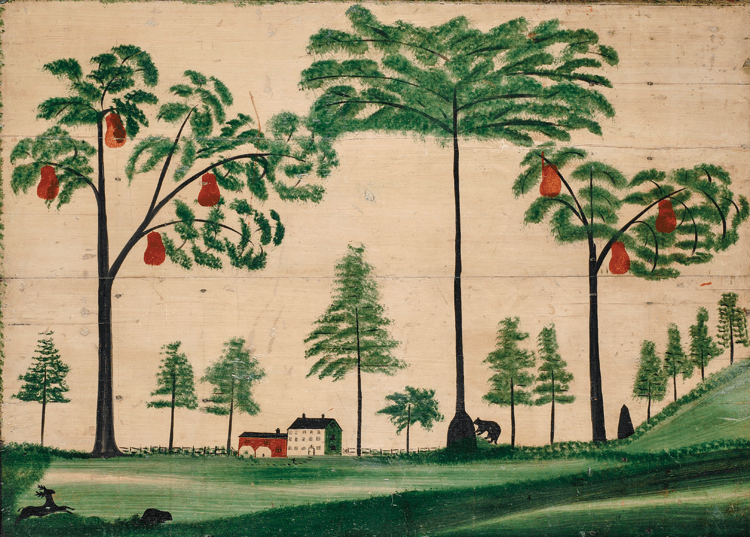 Fig. 6: Unidentified artist, Bear and Pears, probably Thornton, New Hampshire, ca. 1825–1835. Oil on wood, 33 x 45 inches. Fenimore Art Museum, Cooperstown, N.Y. Photography by Richard Walker. Ex-collections Viola and Elie Nadelman and Jean and Howard Lipman.