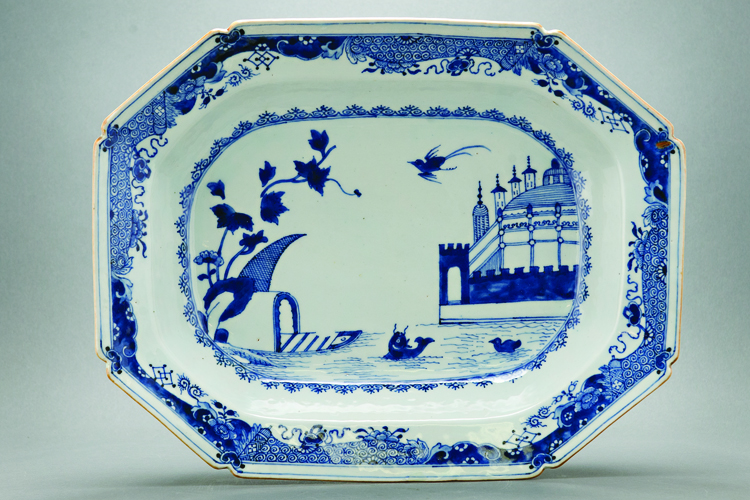 Fig. 8: Platter, China, 1760–1770. Porcelain. L. 14½ inches. Museum purchase with funds provided by the Buddy Taub Foundation. Photography by Kevin Remington.