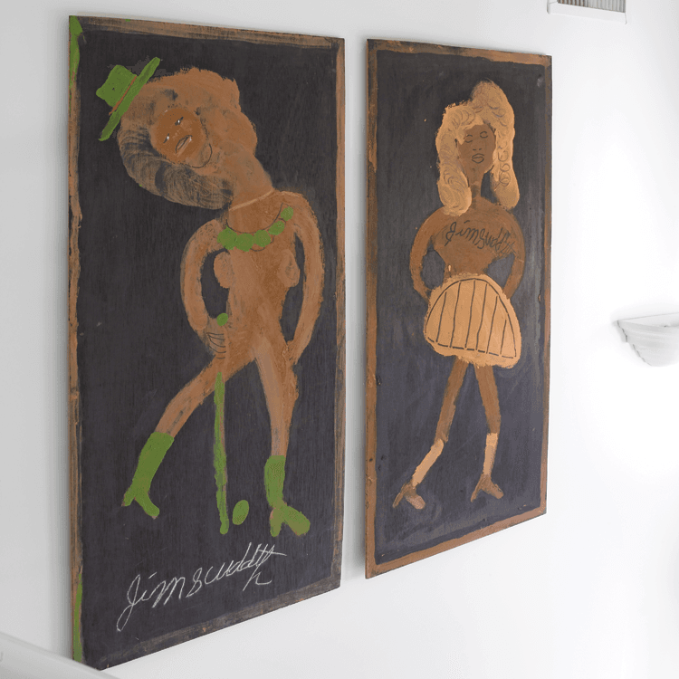 Jimmy Lee Sudduth (1910–2007) was a self-taught African-American artist from Alabama. Known for “painting” in various colored muds, enhanced with natural and man-made materials such as coffee grounds, berries, nut shells, and grease, this outsider artist worked with his fingers, most commonly on plywood. His whimsical work has been featured in a number of museum exhibitions since the 1970s, and in 2005, the Montgomery Museum organized a one-man show and catalogue. The American Folk Art Museum and the Smithsonian Institution are among the numerous museums that house his work.