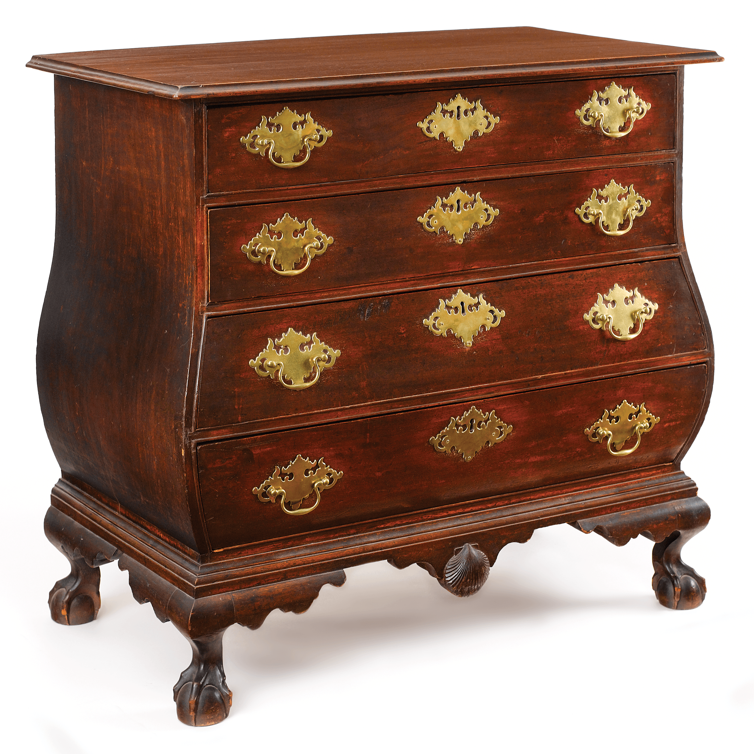 Fig. 8: Attributed to the shop of Nathaniel Gould, Bombé Chest of Drawers, 1758–1766. Mahogany and white pine. H. 38⅜, W. 415⁄16, D. 205⁄16 inches. Courtesy Marblehead Museum and Historical Society, Marblehead, Massachusetts: Gift of Mrs. Francis B. Crowninshield. Photography by Dennis Helmar Photography; © 2014 Peabody Essex Museum.
