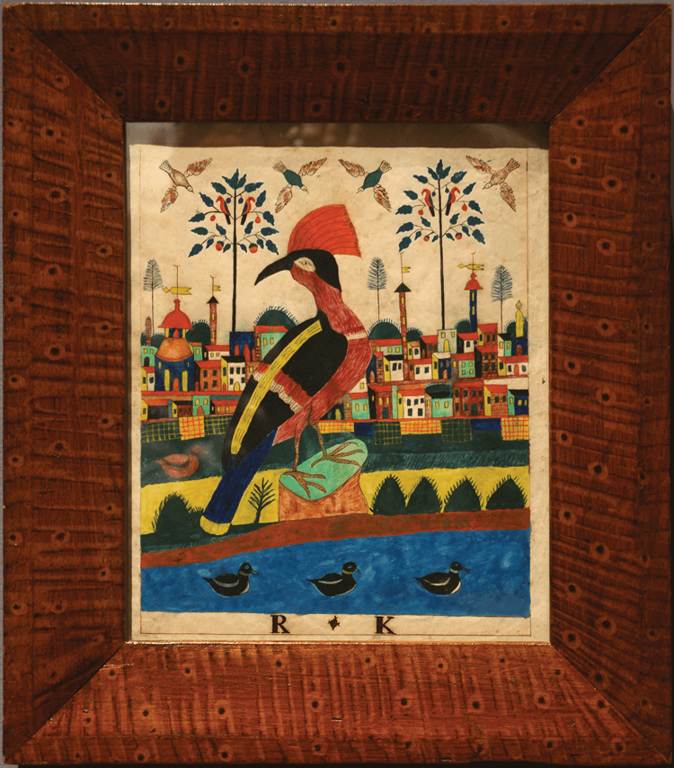 Fig. 9: Attributed to Abraham W. Heebner (1802–1877) Exotic Bird and Townscape, 1830–1835 Watercolor and ink on paper, 11¼ x 13¼, framed Collection of Jane and Gerald Katcher Ex collection Edith Halpert Photography by Todd Kenyon