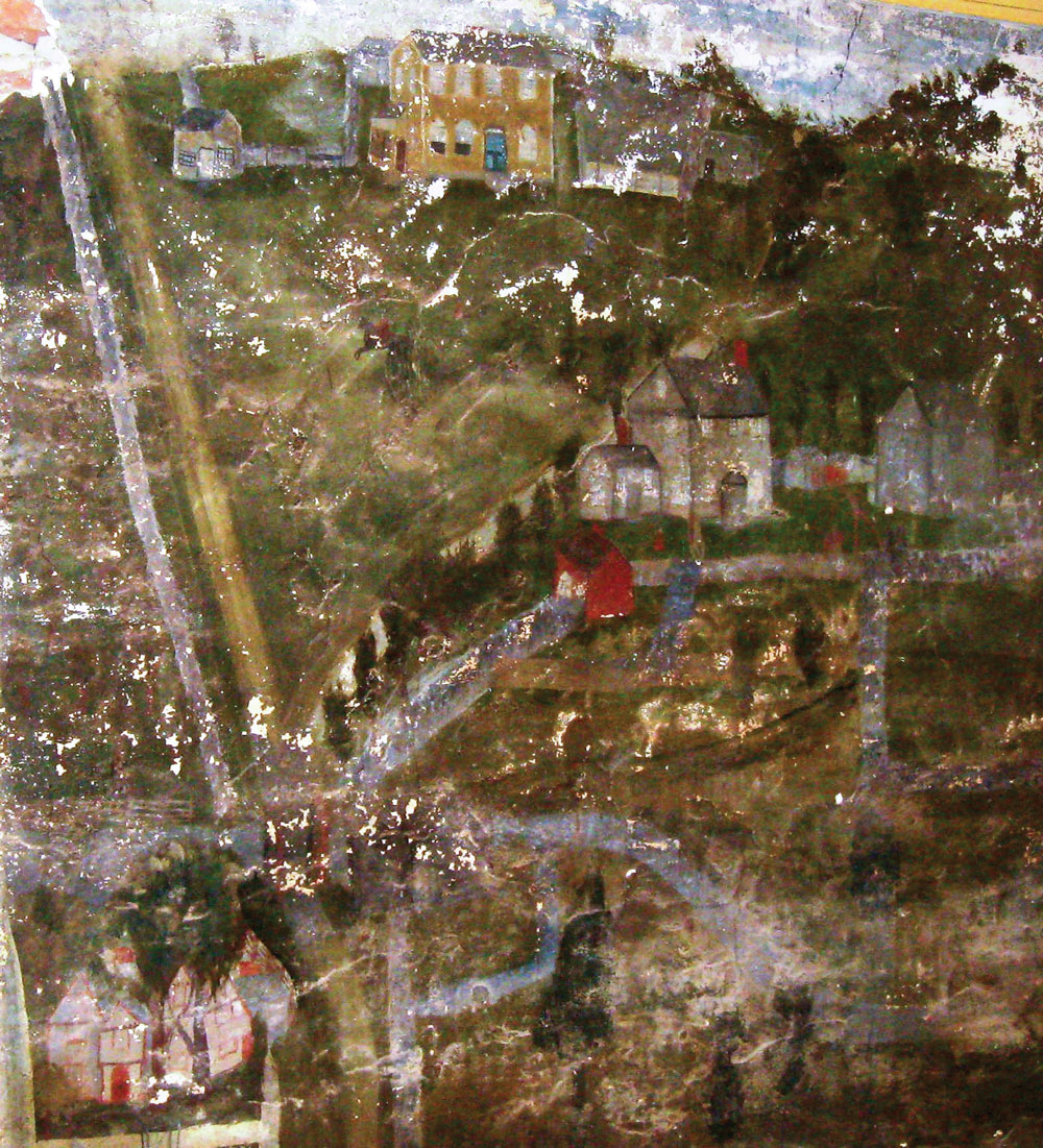 Fig. 1: Landscape attributed to Winthrop Chandler (1747–1790), in the General Samuel McClellan house, ca. 1758–1761. Oil on plaster, 42 x 42 inches. Courtesy McClellan House Antiques.
