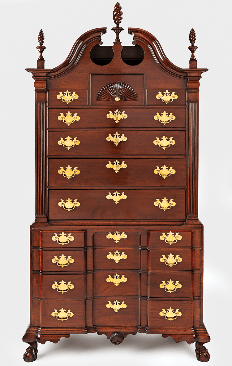Fig. 10: Attributed to the shop of Nathaniel, Gould Chest-on-Chest, 1773. Mahogany and white pine. H. 93⅜, W. 44⅞, D. 23½ inches. Private collection. Photography by Dennis Helmar Photography; © 2014 Peabody Essex Museum.