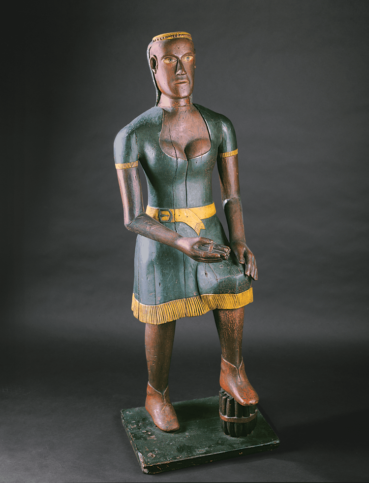 Fig. 13: Attributed to Job Female African American Cigar Store Figure Freehold, New Jersey, ca. 1825–1850 Wood and paint, 46½ x 16½ x 12¼ inches Fenimore Art Museum, Cooperstown, N.Y. Photography by Richard Walker Ex collection Jean and Howard Lipman