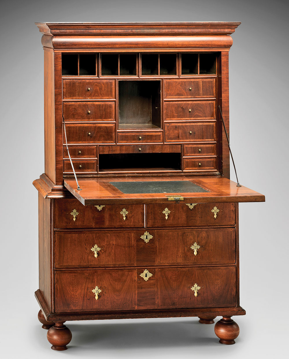 Fig. 2: Fall-front desk, probably made in Swansea, Mass., later Warren, R.I, 1700–1730. Feet and exterior hardware replaced. Walnut and walnut veneer, white pine, chestnut. H. 66, W. 39¾, D. 18½ in. Museum of Fine Arts, Boston, Boston, Henry H. and Zoe Oliver Sherman Fund (2013.877); (RIF5797).