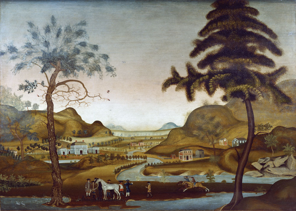Fig. 2: Landscape overmantel attributed to Winthrop Chandler (1747–1790), from the Elisha Hurlbut House, Scotland, Conn., ca. 1767–1769. Oil on panel, 42 x 59 inches. Private collection. Photo courtesy private collection.