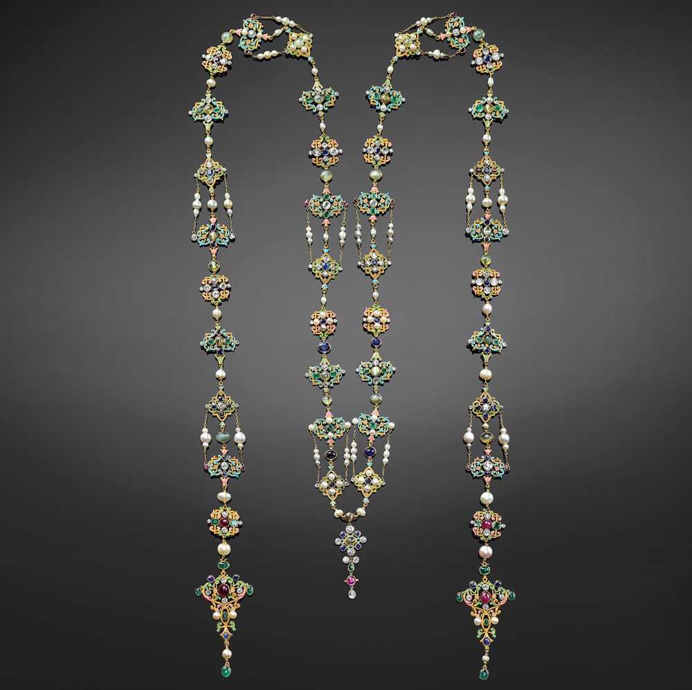 Renaissance revival neck ornament designed by G. Paulding Farnham (American, 1859–1927) for Tiffany & Co., active 1837–present, United States, 1900–1904. Platinum, gold, enamel, diamond, ruby, emerald, cat’s eye chrysoberyl, sapphire, pearl, 1/4 x 58 inches. Gift of Susan B. Kaplan, 2015 (2015.3184).