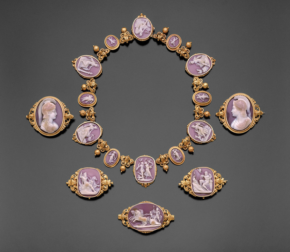 Classical revival necklace and brooches, France, about 1840. Gold, shell. Necklace: 19⁄16 x 3⁄16 x 16 15⁄16 inches. Brooches: 1¾ x 23⁄16 x 11⁄16 inches; 1⅜ x 25⁄16 x ¼ inches, and 17⁄16 x 2⅝ x ½ inches. Gift of the Misses Cornelia and Susan Dehon in memory of Mrs. Sidney Brooks, 1893 (93.147-152).
