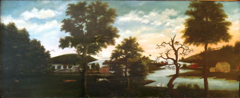 Fig. 5: Overmantel attributed to Winthrop Chandler (1747–1790), in Rev. Aaron Putnam’s parsonage (which was later incorporated into the Ben Grosvenor Inn), Pomfret, Conn., ca. 1777. Oil on wood, 31½ x 62½ inches. Private collection.