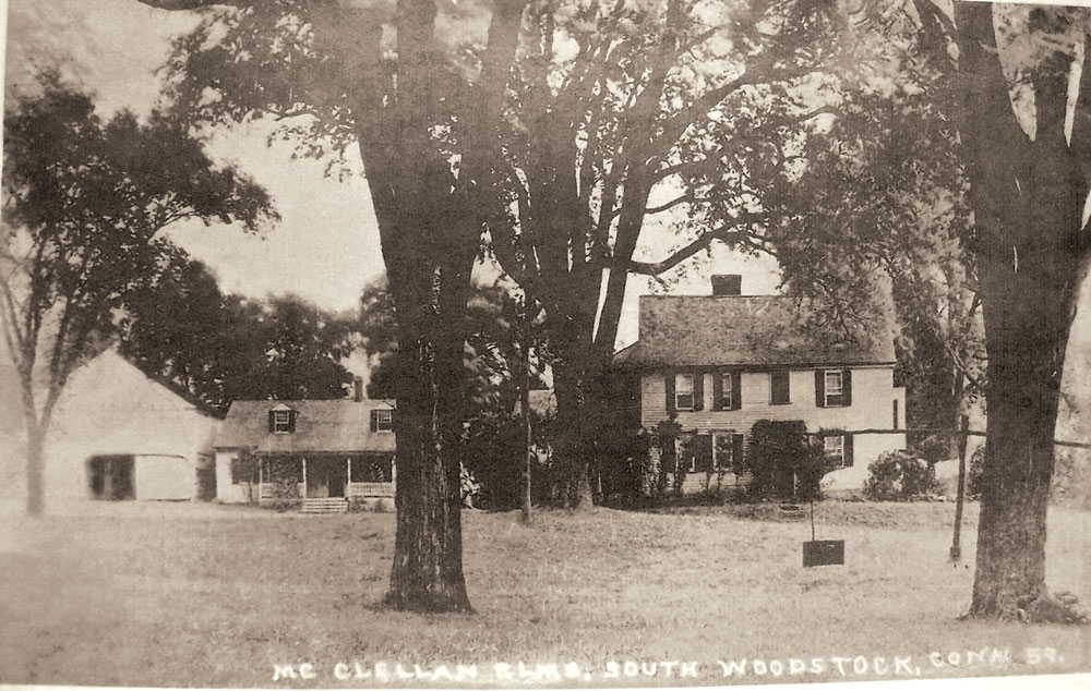 Fig. 7: Photograph of McClellan Elms, South Woodstock, Conn. This 1859 photograph shows the memorial elms planted by McClellan’s second wife, Rachael Abbe, in commemoration of her husband’s leaving for the Battle of Lexington. The house became known as the McClellan Elms. Between the elms is the public well with its sweep. Courtesy Woodstock Historical Society.