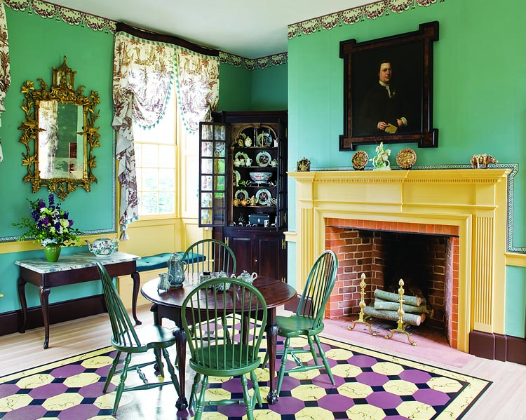 The circa-1760 portrait of Button Gwinnett by Nathaniel Hone (1718–1784) is the only known life portrait of this signer of the Declaration of Independence from Georgia. The corner cupboard is walnut and pine, from Eastern Virginia, circa 1770. Solid color wallpaper, blue with festoon border (reproduced by Adelphia Wallpapers), was referenced from the portrait of Eleazer Tyng, by Copley, and papers documented for Monticello and Kenmore. The side table is marble, mahogany, and red oak, from Virginia, circa 1750. The window treatments are arranged on pulleys like those in the Miles Brewton House, Charleston. S.C., and are dressed with French copperplate toile of custom silk and wool block fringe. Most of the window materials were custom made for Mount Pleasant in English mills including Context Weavers, Lancashire.