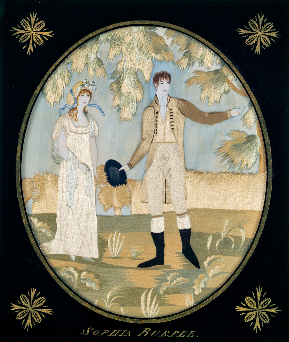 Palemon and Lavinia, Sophia Burpee (1788–1814), Sterling, Massachusetts, ca. 1806. Silk embroidery and watercolor on satin, 15⅝ x 13⅜ in. Fenimore Art Museum, Cooperstown, New York, Jean and Howard Lipman Collection, Gift of Stephen C. Clark (N0121.1961).