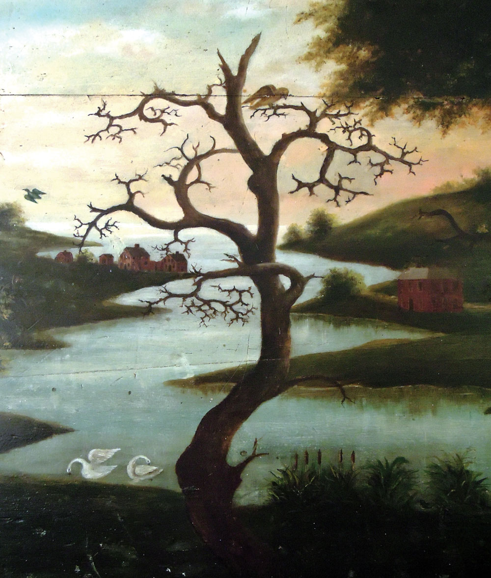 Fig. 11: Enlarged view from the Putnam overmantel (fig. 5) of a dead tree, a golden eagle, a duck flying away, and swans preening.
