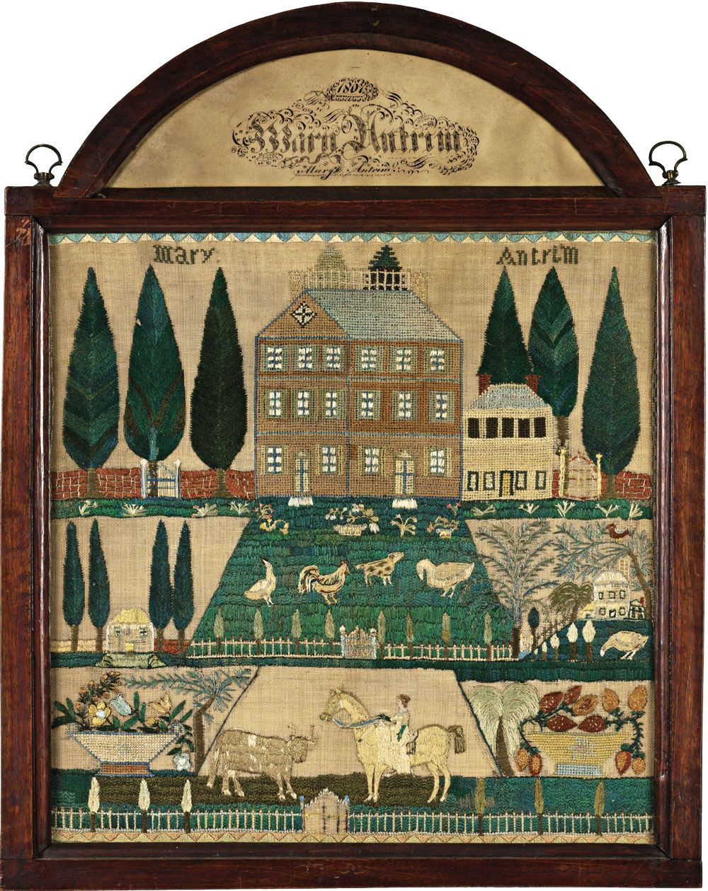 Pictorial Sampler, 1807. Mary Antrim (1795–1884), Burlington County, New Jersey. Silk embroidery on linen with cut paper and watercolor, ink on paper, 17 x 16-3/4 in. in original arched frame 24½ x 19⅜ Private Collection.