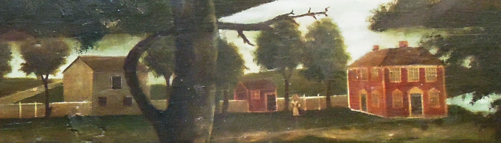 Fig. 9: Enlarged view of the Esther Grosvenor House from the Putnan overmantel in figure 5. Esther Grosvenor’s husband, John Grosvenor, died in 1691 and she and her six sons moved to Pomfret in 1702. She built three houses, tended the sick of the town, and fought off an Indian attack single handedly. She died in 1738. The house has been owned by the Grosvenor family for nearly three hundred years.
