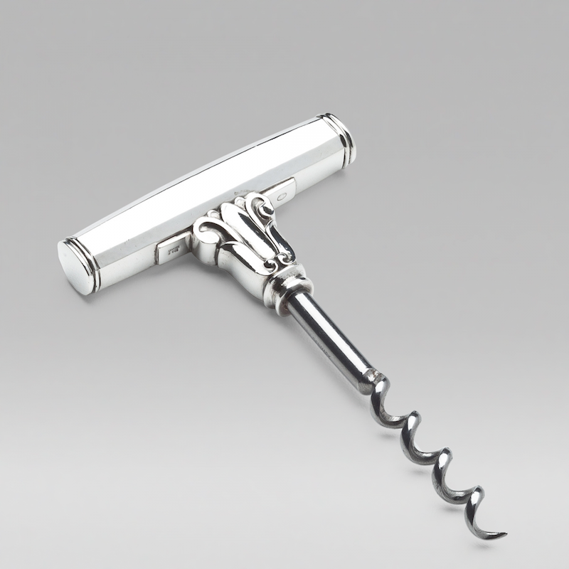 Georg Jensen Cork Screw No. 283 in Acorn, c. 1945-1977. This Acorn pattern was designed by Johan Rohde in 1915. This corkscrew is fitted with a stainless steel end. The wine opener measures 4.5 inches long. The handle bears impressed company marks for Georg Jensen +1945, Sterling, Denmark. Offered by Drucker Antiques.