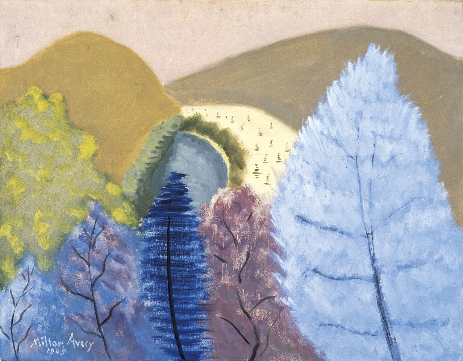 Fig. 13: Milton Avery (1885–1965), Blue Trees, 1945. Oil on canvas, 28 × 36 inches. Neuberger Museum of Art, Gift of Roy R. Neuberger, Purchase College, State University of New York. © 2016 The Milton Avery Trust / Artists Rights Society (ARS), New York.