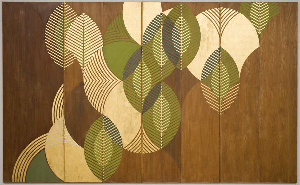 Eugene Masselink American (b. South Africa), 1910–1962. Eight-fold Screen, 1956. Stained walnut with paint and gilt. Museum Purchase 2006.28. Courtesy of the Grand Rapids Art Museum.