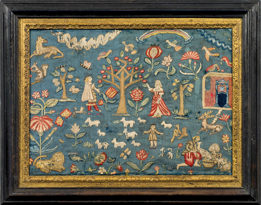 Embroidered Needlework, Attributed to Sarah Phillips (1656–1707), probably Boston, Massachusetts, ca. 1670. Wool embroidery on blue-green linen ground, with silver and gold metallic threads and mica, 17-1/2 x 24-1/2 in., period Hogarth frame, 24-3/16 x 30-1/2 in. Private Collection.