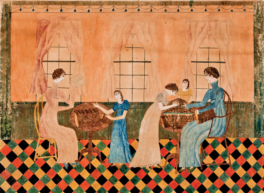 Hannah and Julie Cogswell Instructing Female Students at Atkinson Academy, by Hannah Pearson Cogswell (1791–1869), Atkinson, New Hampshire, 1811-1812. Watercolor and pencil on paper, 11 x 15-1/8 in. Frank and Barbara Pollack, American Antiques and Art.