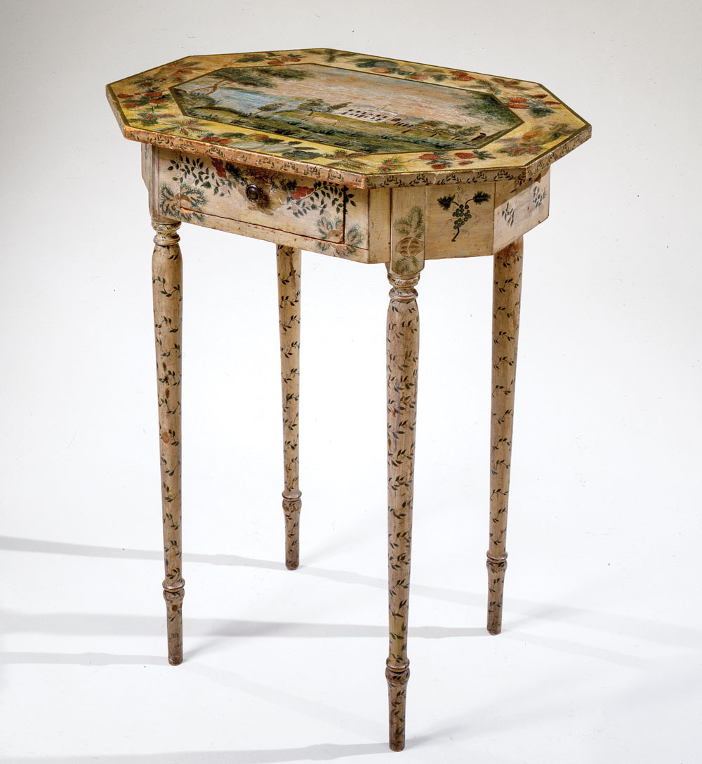 Work Table, 1815–1825, artist unidentified, top features view of Mount Vernon, possibly made in Maine. White pine, maple, brass knob, and original painted decoration, 28 x 23-1/2 x 17 in. Collection of Jane and Gerald Katcher.