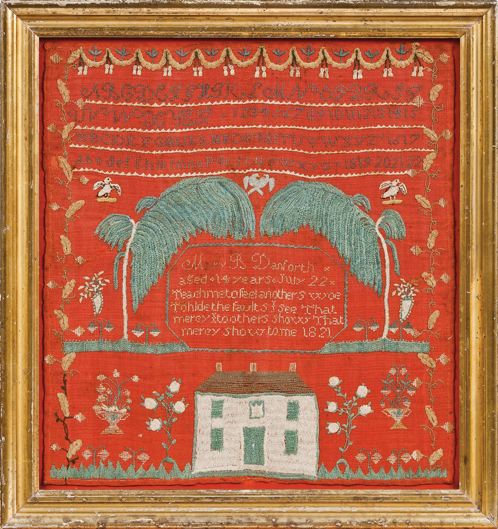 Pictorial Sampler, 1821. Mary B. Danforth (1807–1848, Manchester, Massachusetts). Silk embroidery on red-dyed linen, 16-3/4 x 15-3/4 in. Collection of Jane and Gerald Katcher.