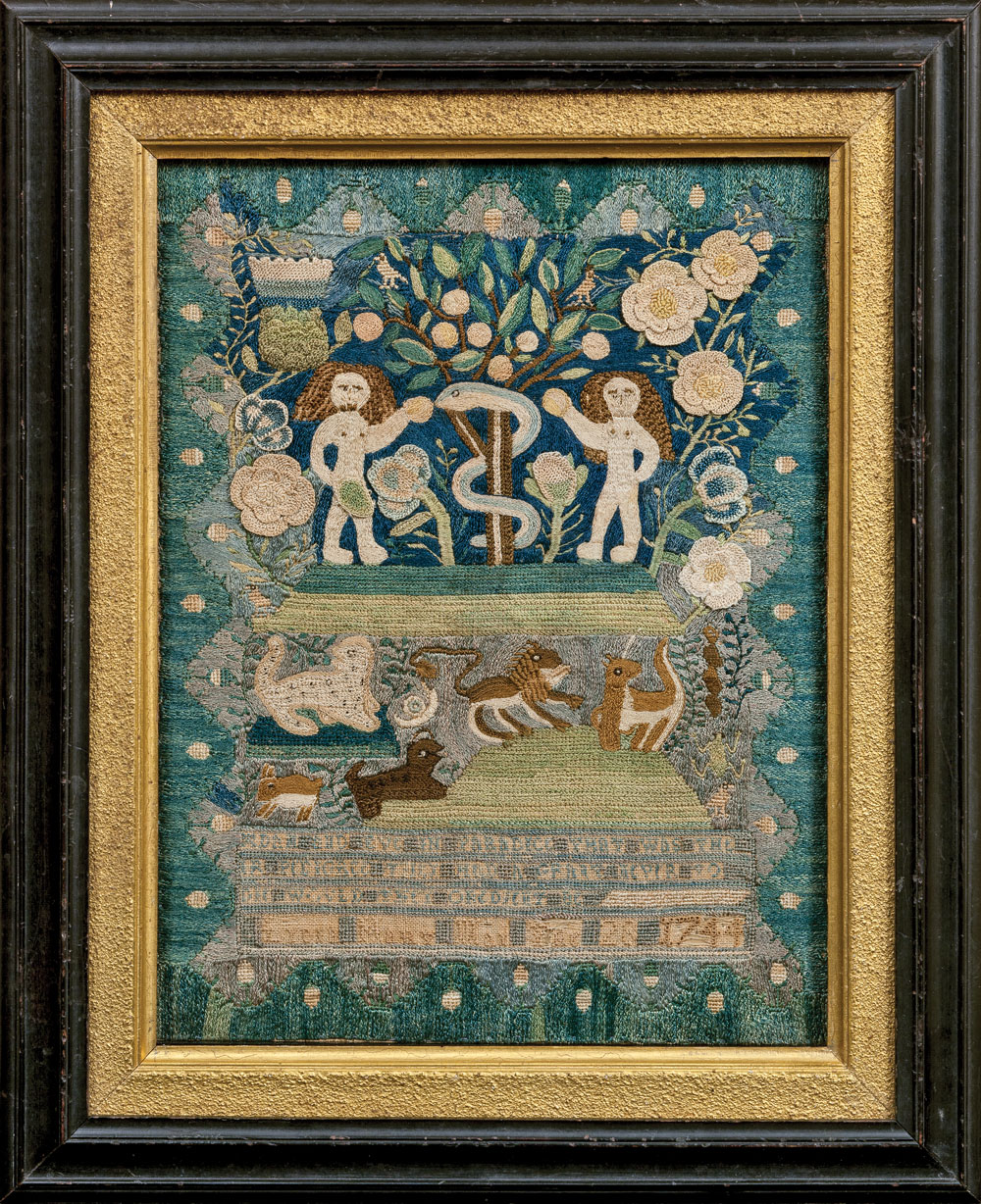 Adam and Eve in Paradise, Lydia Hart (Boston, Massachusetts), 1744. Silk embroidery on linen, 11-1/2 x 9 in., period Hogarth frame, 15 x 12-1/2 in. Private Collection.