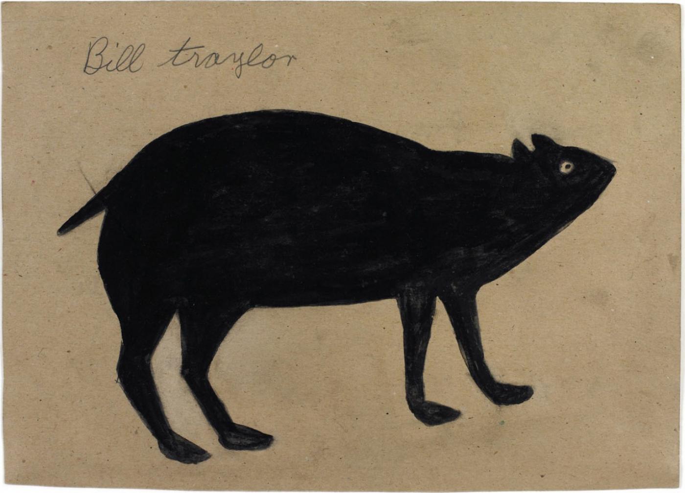 Bill Traylor, Black Bear, circa 1939-1942. Poster paint and graphite on cardboard, 15.25 x 11.25in. Offered by Just Folk, who will exhibit at the Outsider Art Fair.