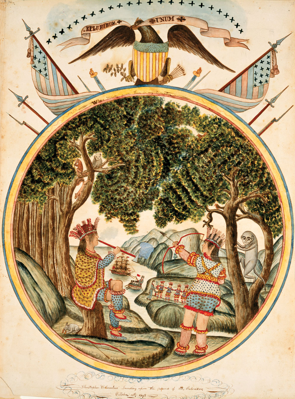 Christopher Columbus Landing Upon the Island of San Salvador, 1820–1825, artist unidentified, probably New England. Watercolor on paper, 20-1/2 x 15-3/4 in. Fenimore Art Museum, Cooperstown, New York, Gift of Stephen C. Clark, Jean and Howard Lipman Collection (N0091.1961).