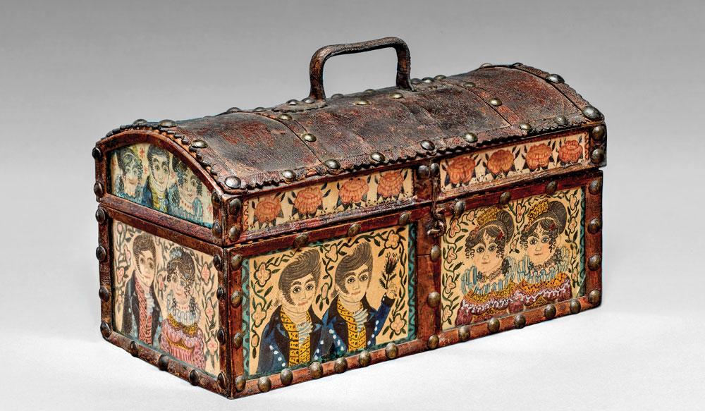 Dome-Top Box with inset watercolor panels, ca. 1823–1824 (on cube), attributed to Emeline M. Robinson Kelley School, Portsmouth, New Hampshire. White pine, leather borders, brass-headed upholstery tacks, watercolor and ink on paper under original glass panels, 3-7/8 x 7-7/8 x 4-1/8 in. Collection of Jane and Gerald Katcher.