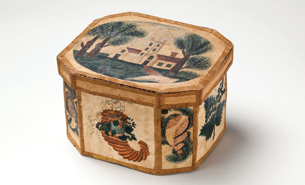 Octagonal Trinket Box, artist unidentified, New England, ca. 1820–1830. Watercolor on paper over pasteboard, 3½ x 57⁄16 x 4¾ in. Private Collection.
