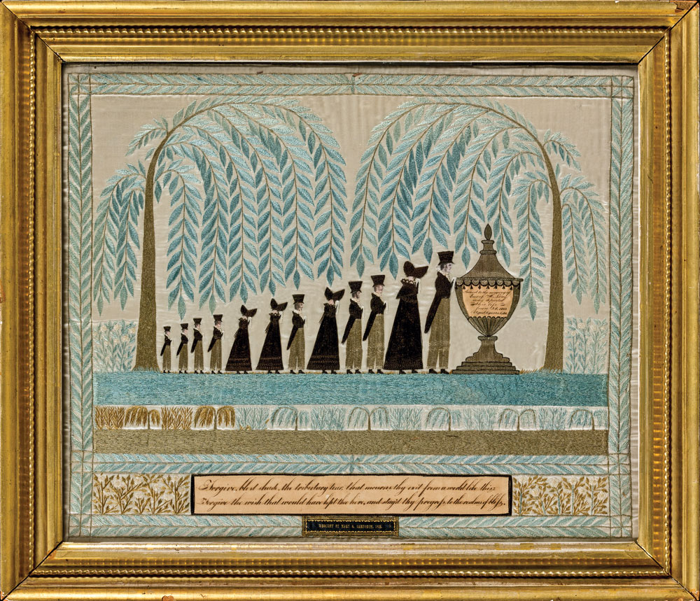 Memorial to Enoch H. Long, Mary B. Danforth (1807–1848, Manchester, Massachusetts), 1823. Silk embroidery on satin, ink on paper, die-stamped leather, 16¼ x 19⅜ in. Collection of Jane and Gerald Katcher.