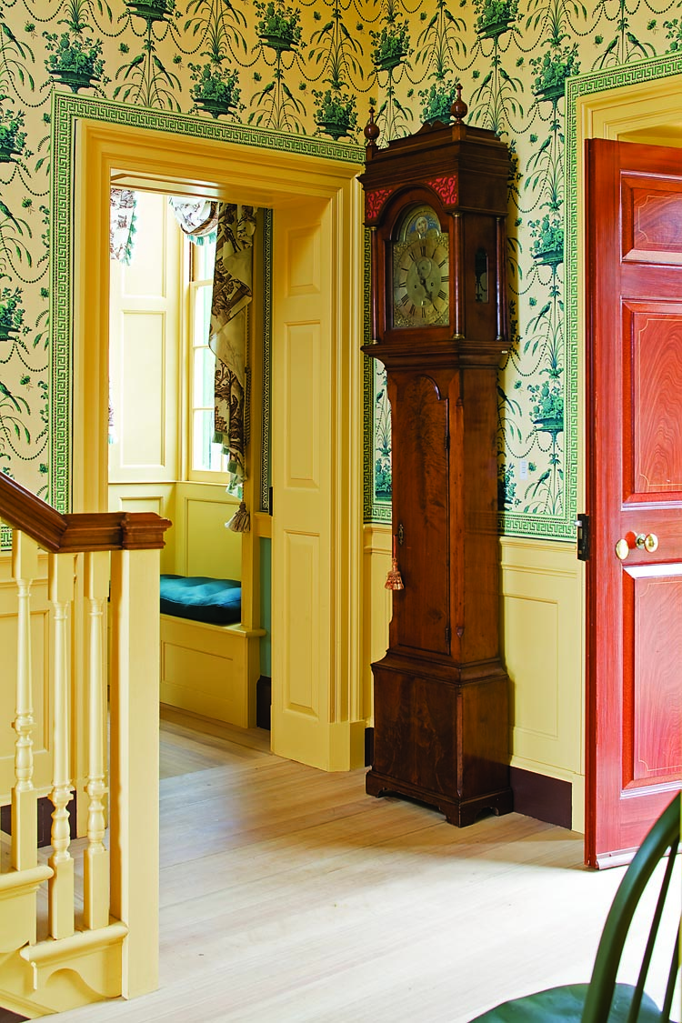 The French arabesque, neoclassical wallpaper—“Parakeets and Pearls”—is a reproduction by Adelphi Wallpapers. It is modeled after paper used in the Hancock-Whirt-Caskie House in Richmond, 1808–1810. The four prints, engraved by Richard Houston after Mercier paintings, for Robert Sayer, London, 1760, depict the attributes of “Earth, Air, Fire, Water.”