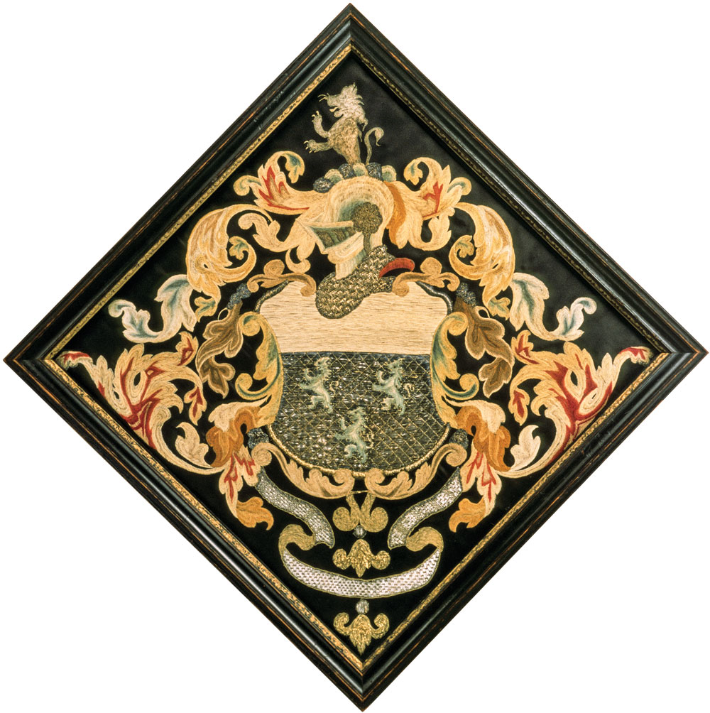 Embroidery of the Grant Arms, Ann Grant (1748–1838), 1769. Polychrome silk embroidery, metallic thread, black satin weave, silk ground, 25-5/8 x 29-5/8 in. Courtesy of Historic Deerfield.