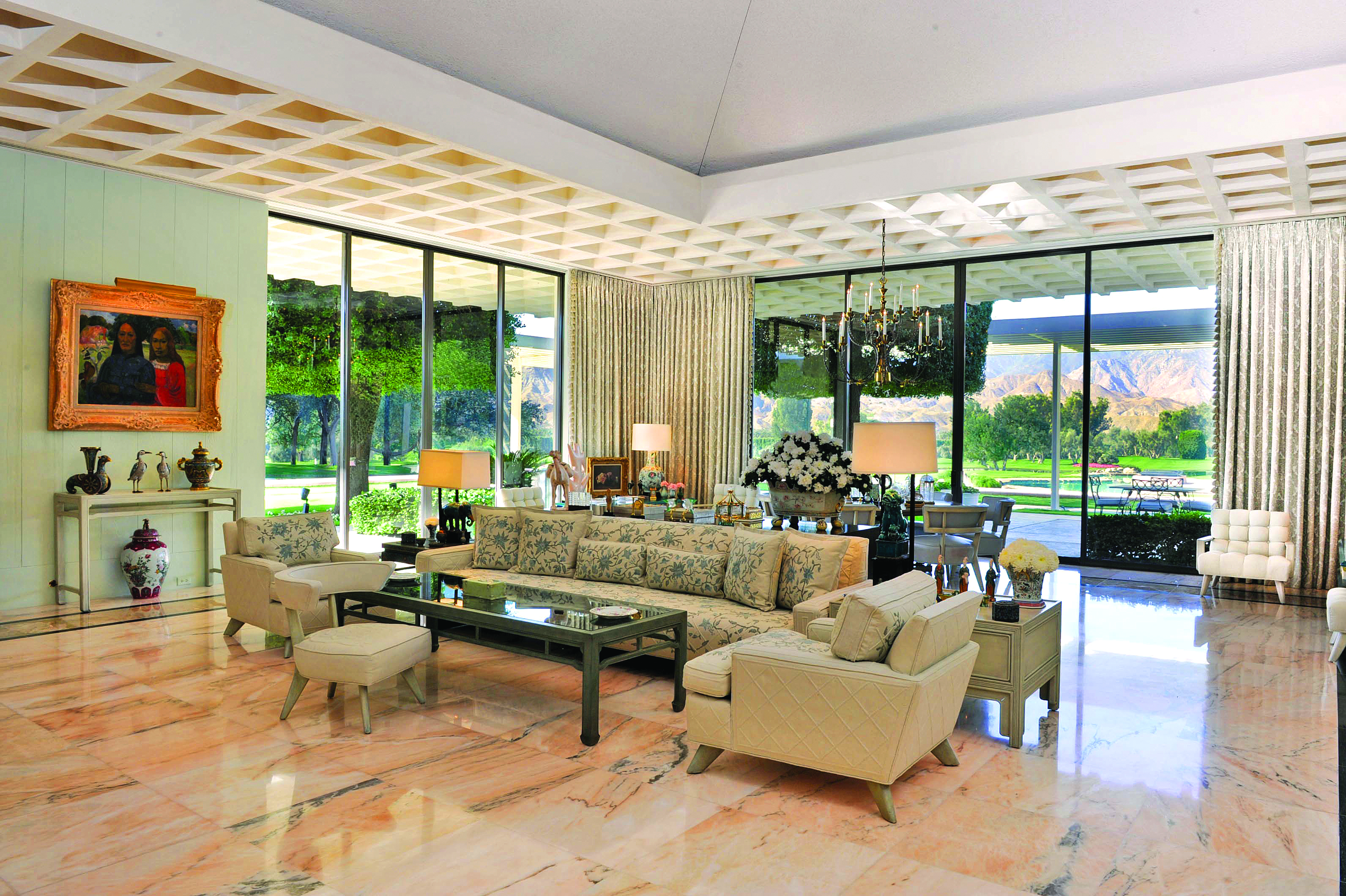 The living room of the historic house features many original furniture designs by interior designer William Haines. Photo by Ned Redway. ©The Annenberg Foundation Trust at Sunnylands.