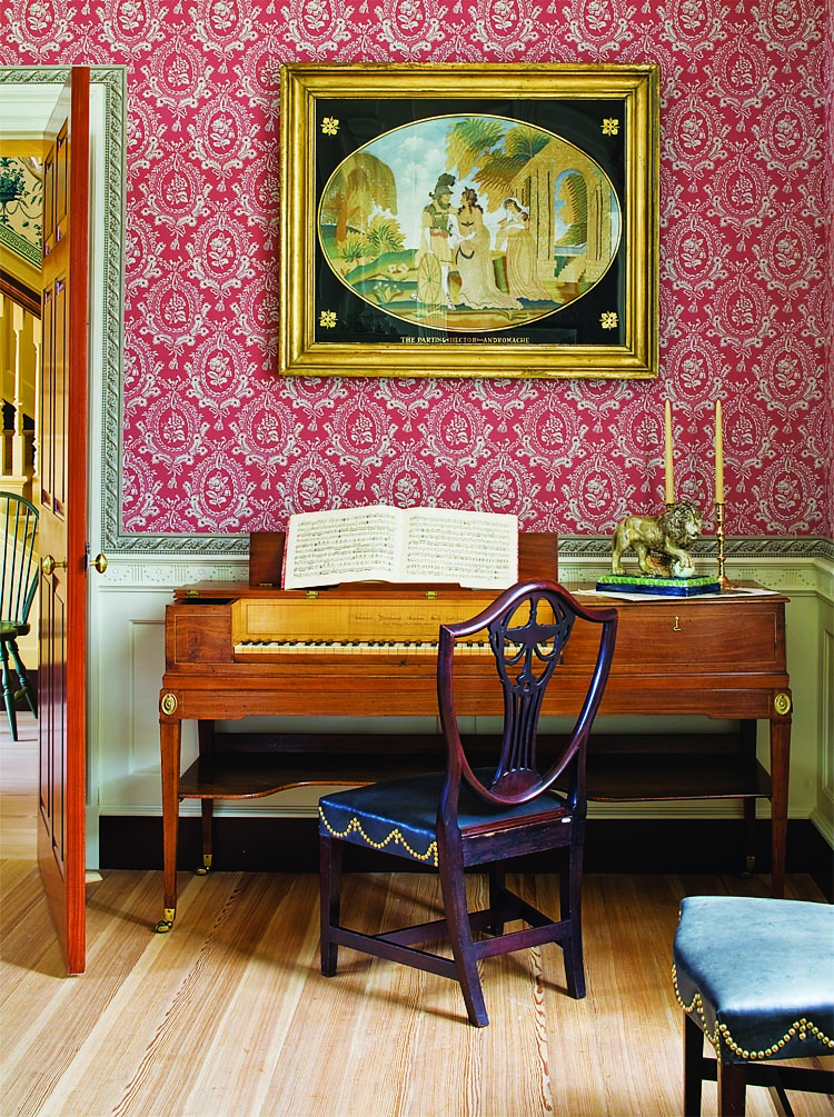 The pianoforte has holly, satinwood, ebony, and mahogany stringing. Its satinwood panel is inscribed in script: “Johannes Broadwood London Fecit 1793 Patent Great Pulteney Street Golden Square.” The circa-1810 needlework embroidery with silk threads, watercolor background, and gilt under glass, is titled The Parting of Hector and Andromache. It is a fine example of a classical themed scene linked to the Folwell School, Philadelphia. The Staffordshire walking-lion creamware, with brown underglaze, is a circa-1800 Ralph Wood type.