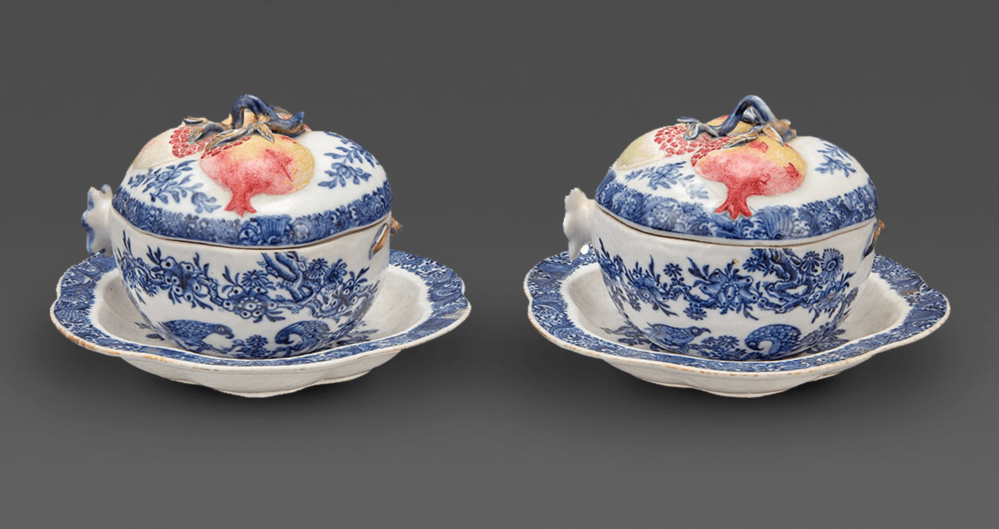 A Pair of Chinese Export Trompe-l'oeil Pomegranate Porcelain Tureens and Stands, China, 1700-1800. Offered Earle D. Vandekar of Knightsbridge.