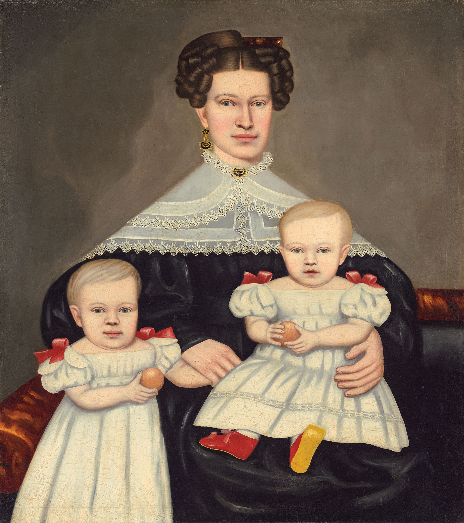 Erastus Salisbury Field, (1805–1900), attributed, Mrs. Paul Smith Palmer (Hannah Eells Palmer) and Her Twins, probably Stockbridge, Mass., ca. 1835/1838. Oil on canvas; 38½ x 34 inches. Courtesy of the National Gallery of Art, Washington, D.C.; Gift of Edgar William and Bernice Chrysler Garbisch (1971.83.5).