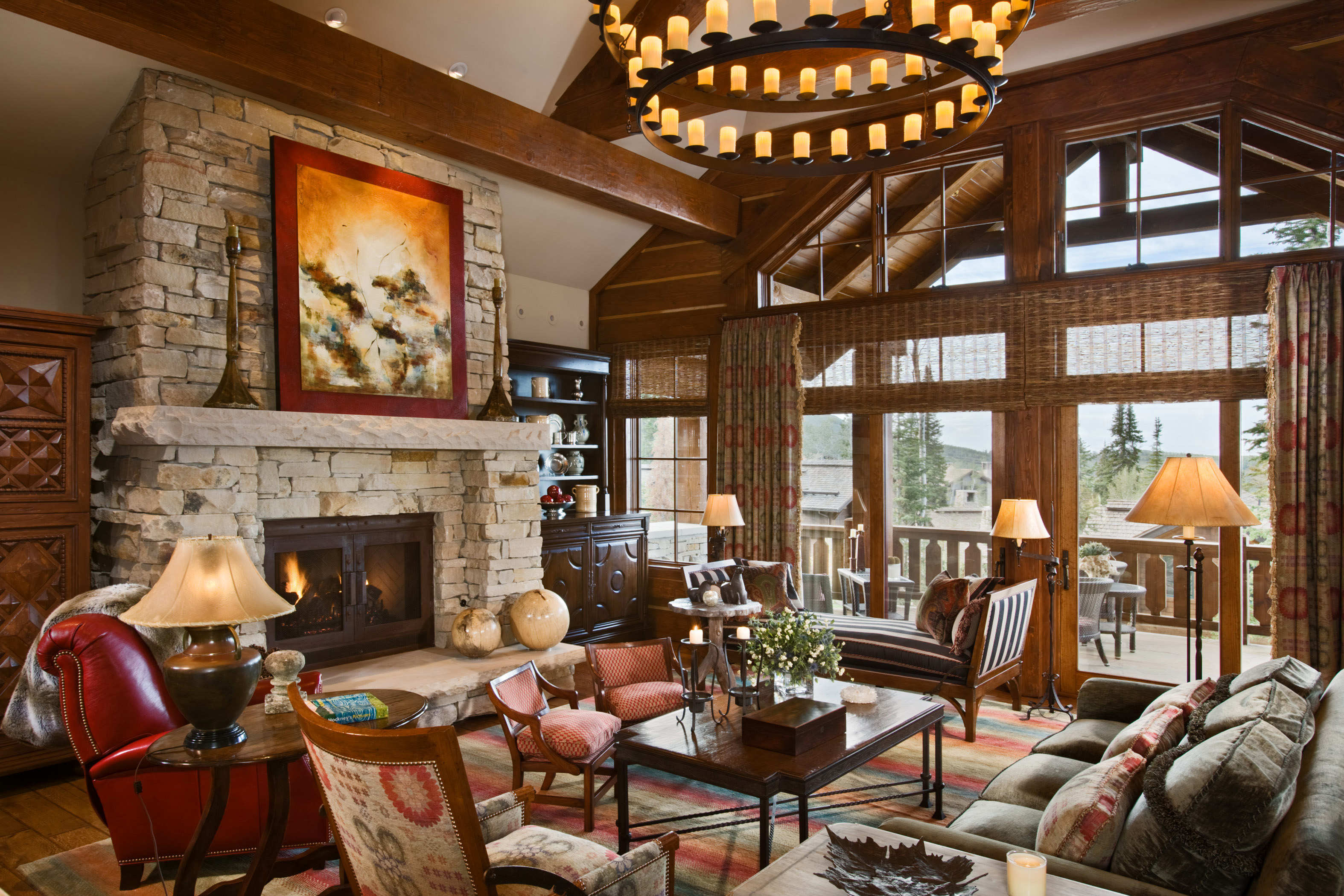 The living room of Deer Valley Retreat features Harte's signature use of miniature chairs. Photography by Roger Wade.