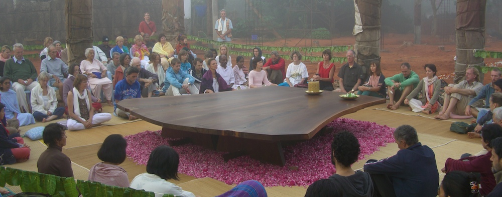 Meditation around the Peace Altar in Auroville, India. Image courtesy of The Nakashima Foundation.