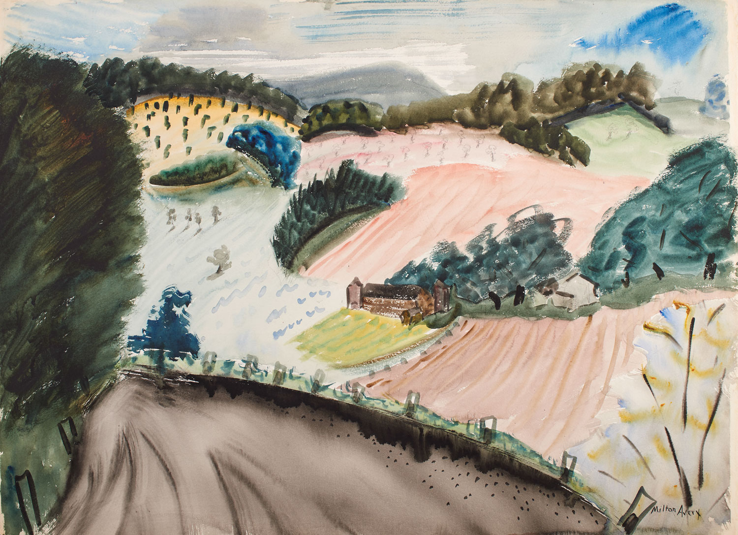 Fig. 9: Milton Avery (1885–1965), Untitled (Small Farm), 1937. Double-sided watercolor on paper, 22 × 30 inches. Collection of The Milton and Sally Avery Arts Foundation. © 2016 The Milton Avery Trust / Artists Rights Society (ARS), New York.