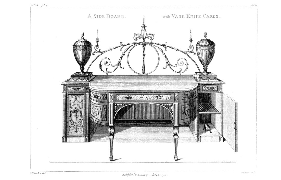 Thomas Sheraton, The Cabinet-Maker and Upholsterer’s Drawing-Book, Appendix (London, 1802), “A Sideboard with Vase Knife Cases” plate 21. This image illustrates how elements from seemingly unrelated objects were used by craftsmen in the period. Here, Fligler (Flagler) selected the pedestal ends with their cavetto molded tops; the arched central section; and the leaf carving in the spandrels.