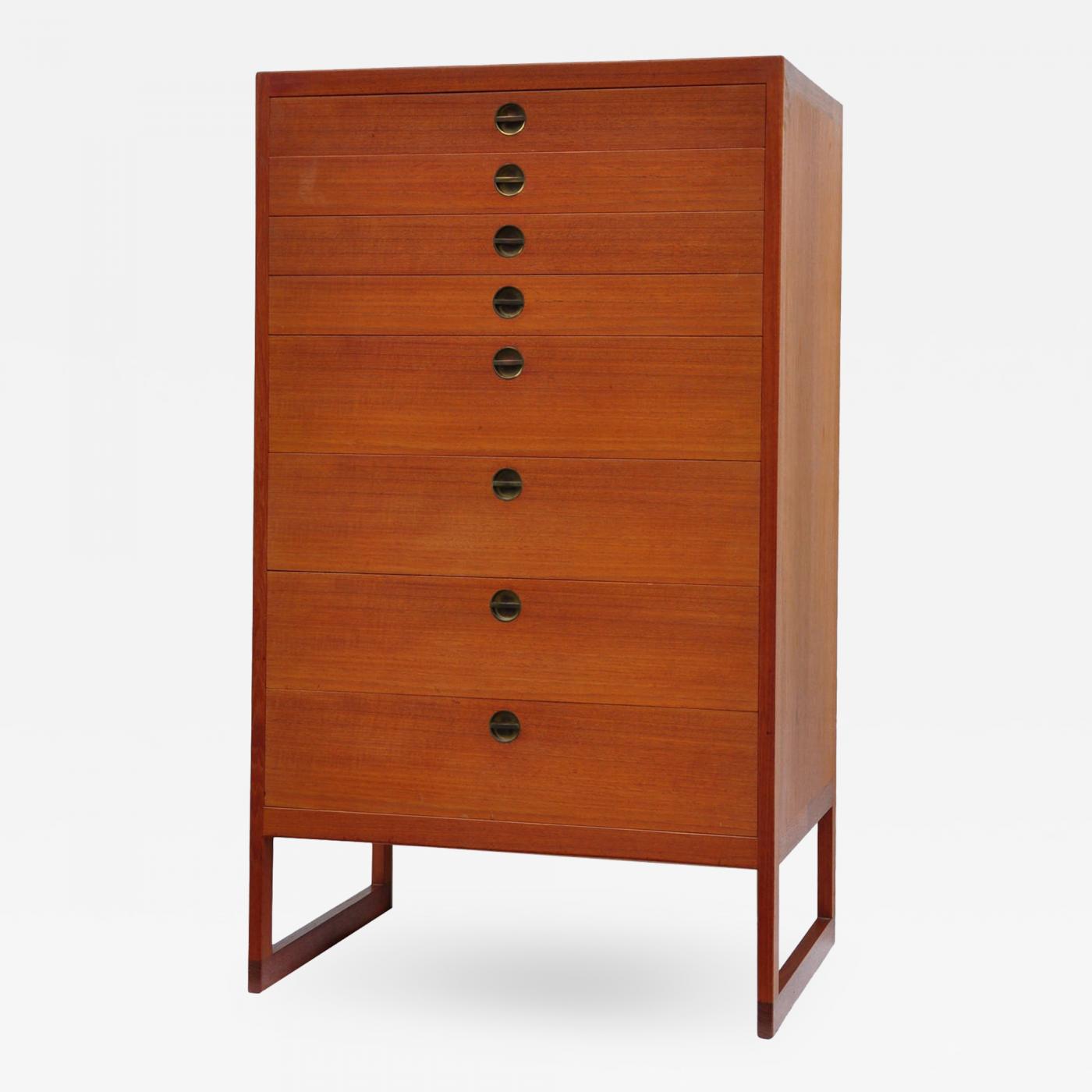 A sled base high chest of drawers by Børge Mogensen. Originally designed in 1957 and manufactured by P. Lauritsen & Son, Denmark. Offered by Rayon Roskar.