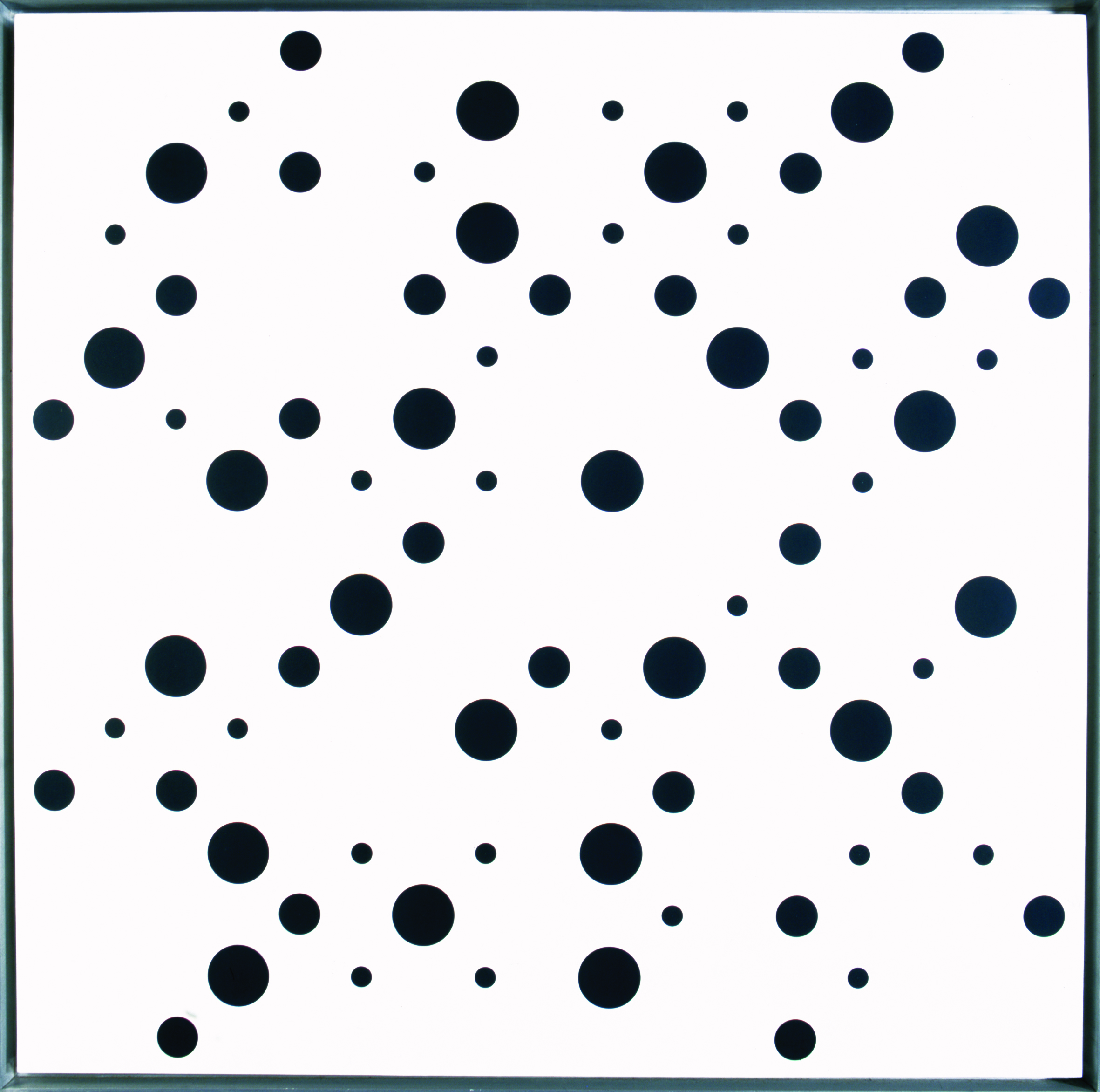 Bridget Riley (b. 1931), White Discs 1, 1963, Acrylic emulsion on masonite, 52 x 52 inches. © Bridget Riley, 2017, All rights reserved. Courtesy Karsten Schubert, London.