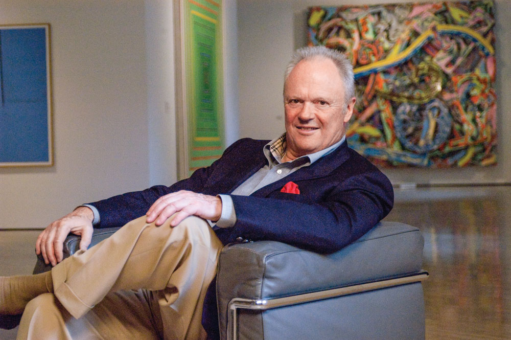 Donald Hess photographed at the first floor of the Hess Art Museum at the Hess Collection Winery, in front of Frank Stella’s (b. 1936), Sacramento Mall Proposal #5, 1978. Oil on canvas, 103⅛ x 103⅛ inches; and Silverstone II, 1982. Mixed media on aluminum. 111 x 126 x 24 in. Photography by Robert Russo.